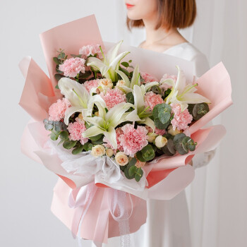 爱花居鲜花速递康乃馨百合花束送母亲送长辈问候看望生日礼物全国花店同城配送爱的祝福|U34	